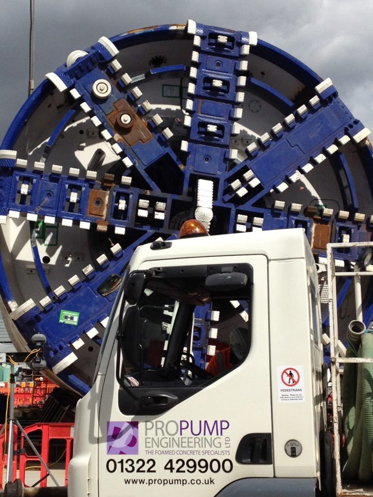 Inline foam concrete production system sitting in front of  one of the Tunnel boring machines used for Crossrail and the new Elizabeth line 