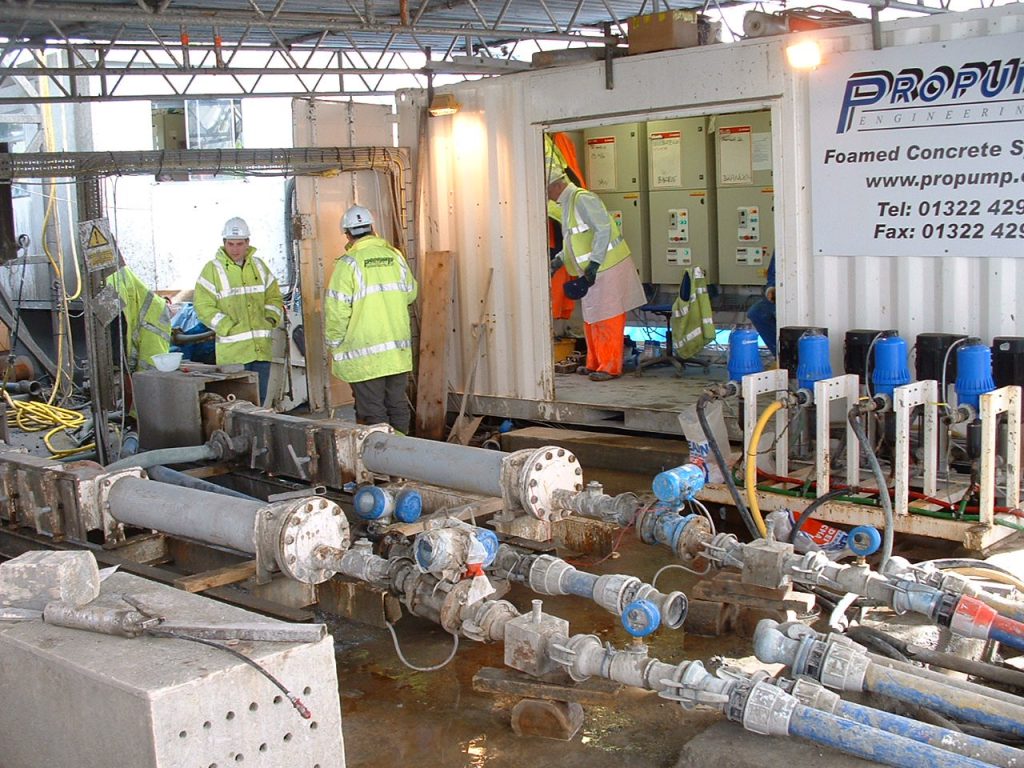 Propump Engineering bespoke manufactured on-site batching facilities for one of the largest foamed concrete projects in the world, combe down mine stabilisation