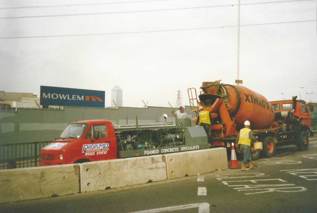 Our first inline foamed concrete production system, a red dodge, used on the Jubilee underground extension
