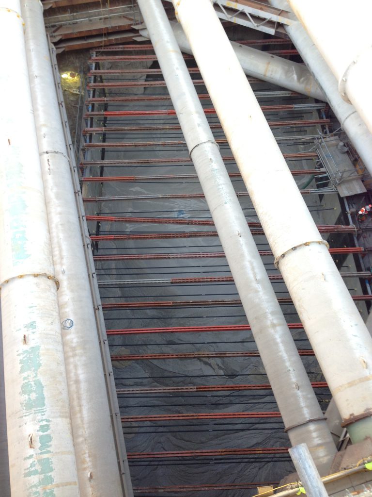 Foam concrete at Dean St, station being placed, this temporary infill material will be excavated within 24 hours of the final pour. the TBM will begin cutting through the bottom portion.