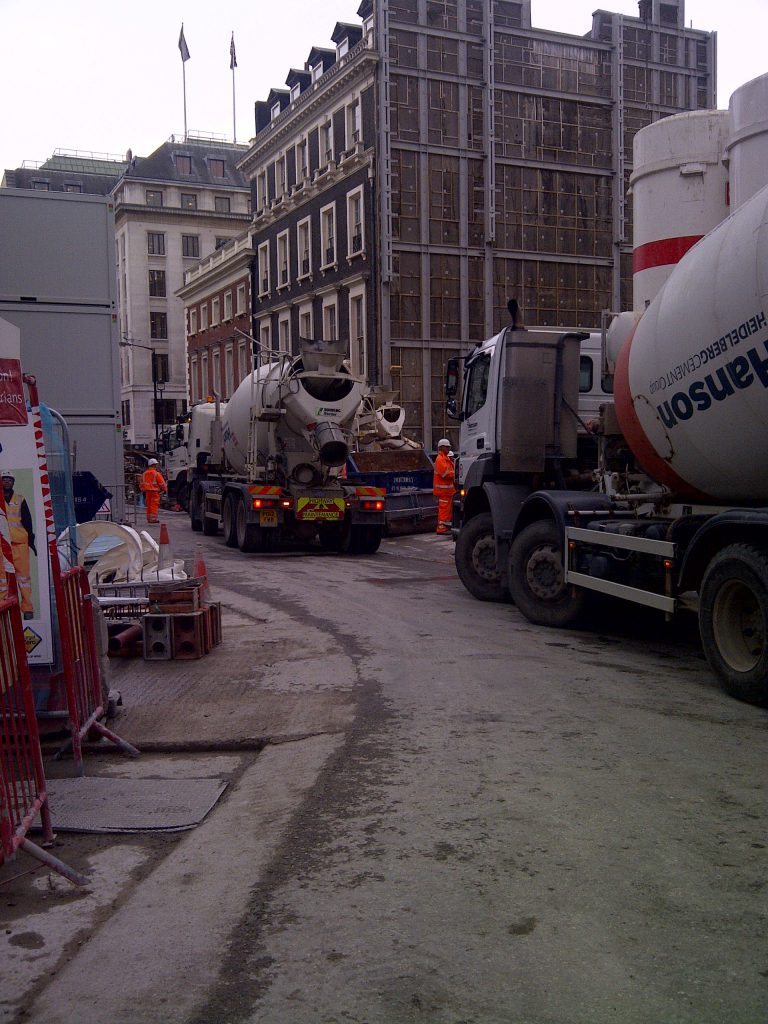 Crossrail Bond St. Hanover sq. base material deliveries on site awaiting processing into foamed concrete