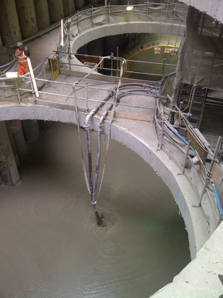 Propump Engineering place 2000m3 of P595 1200kg density foamed concrete into the base of Bond St. Station Eastern ticket hall shaft for Crossrail CSJV