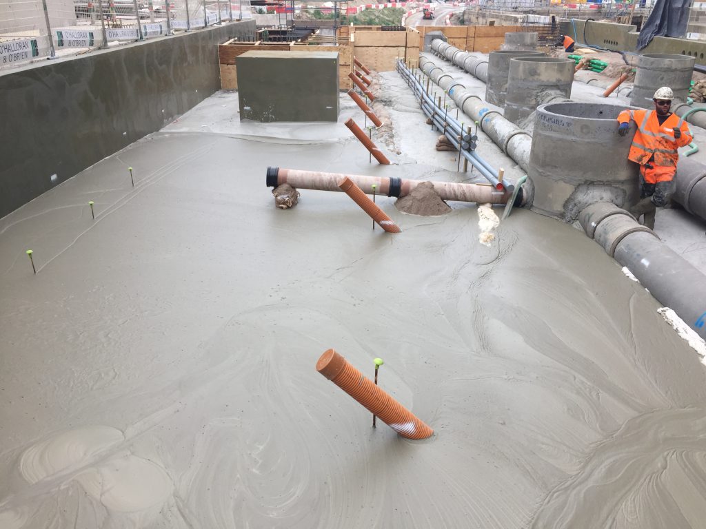 initial pours at wood wharf for the light weight suspended road bases, the light weight foamed concrete is 500kg/m3 and is designed to encapsulate the new services