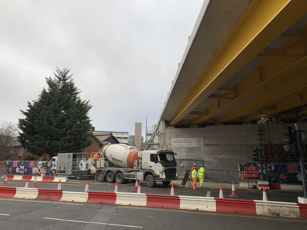 Foam Concrete leeds flyover, in-line foam concrete system with ready mix discharging into the hopper